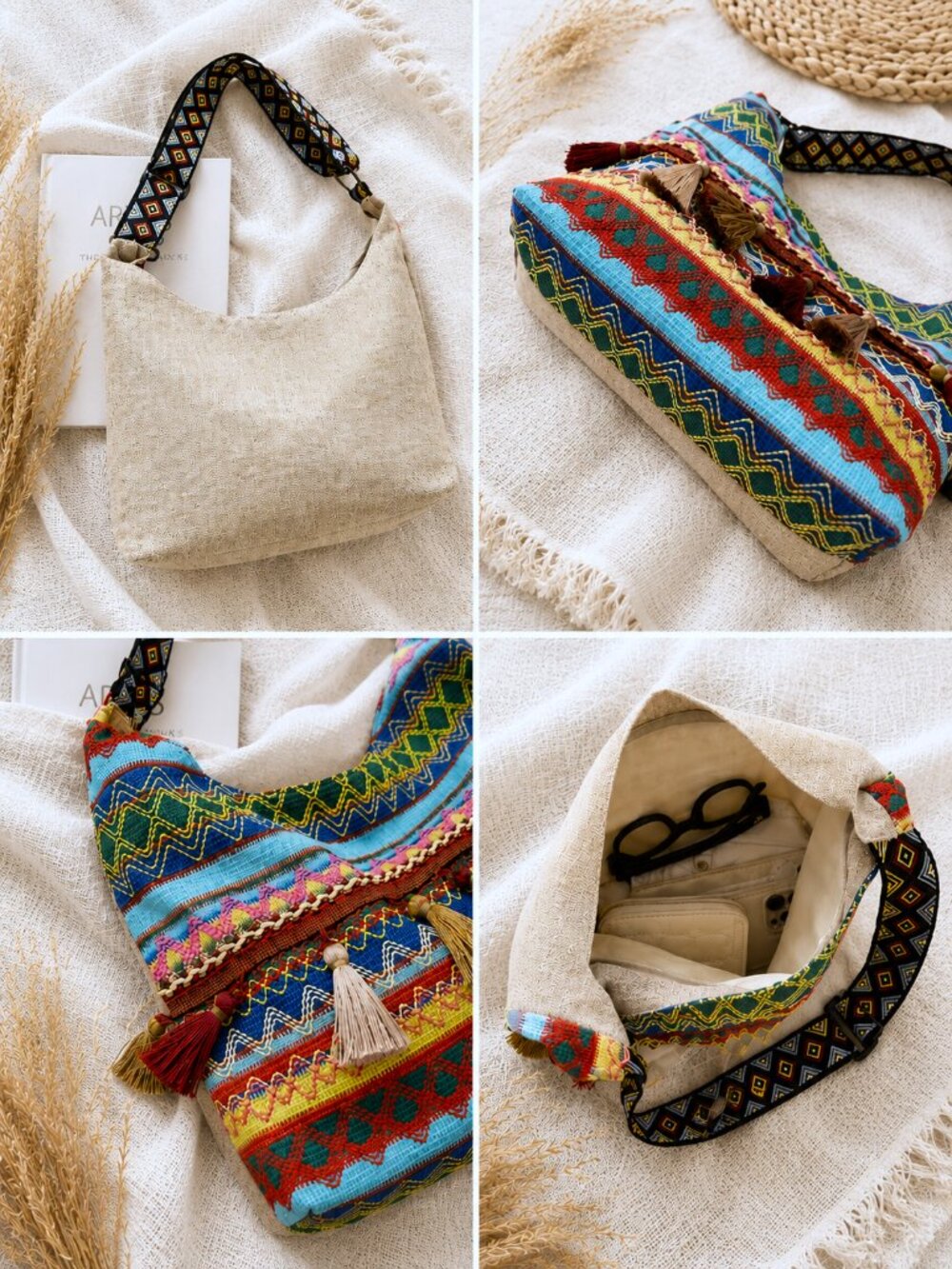 Boho Southwestern Woven Tassel Hobo Bag Aztec Tribal Crossbody Shoulder Purse - Picture 5 of 8